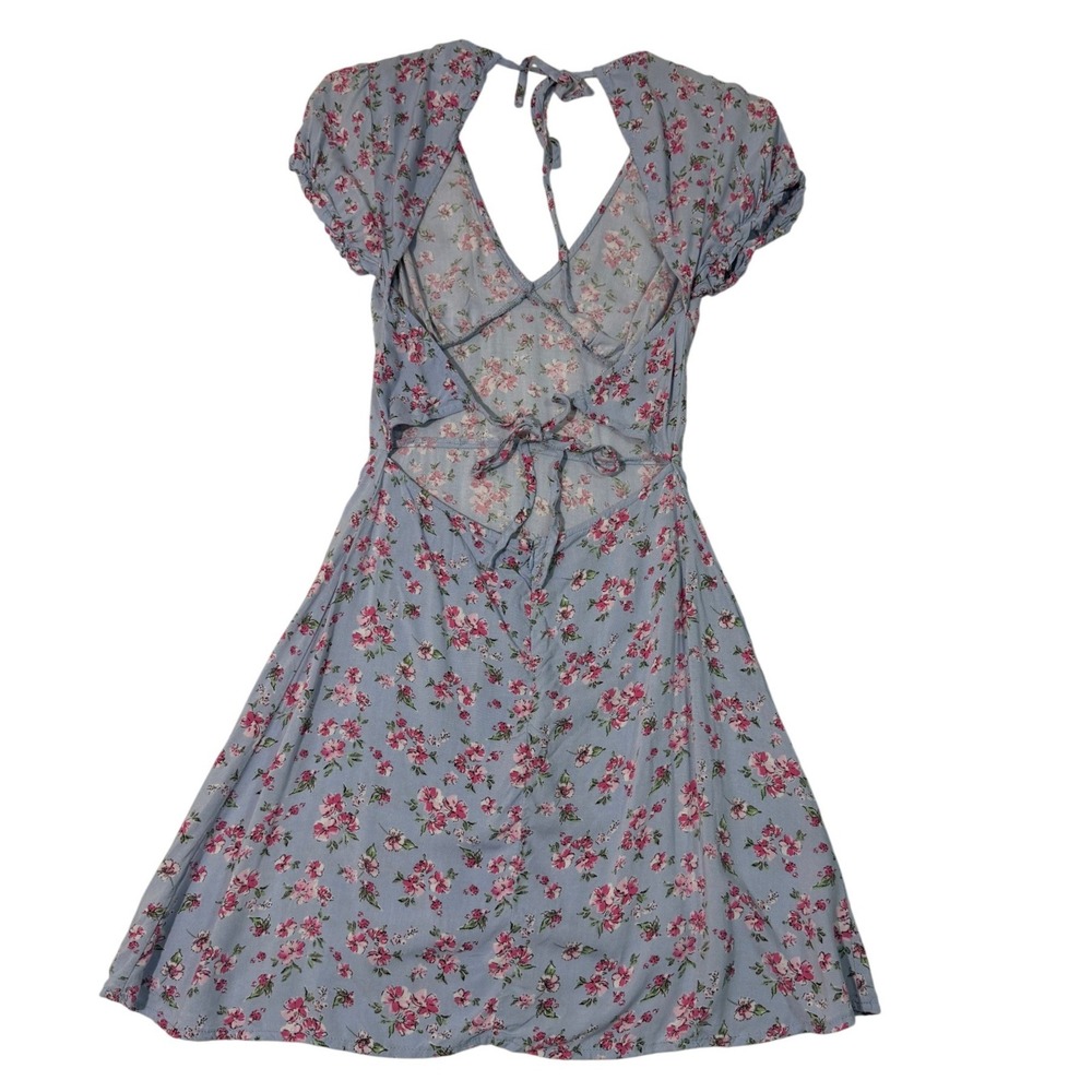 Y2K Floral Print Tie Back Mini Dress Blue Pink Short Sleeve V Neck Cottagecore